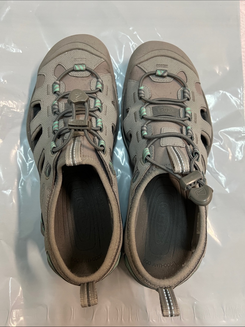 Keen Closed-Toe Sandals in Taupe with Mint Highlights